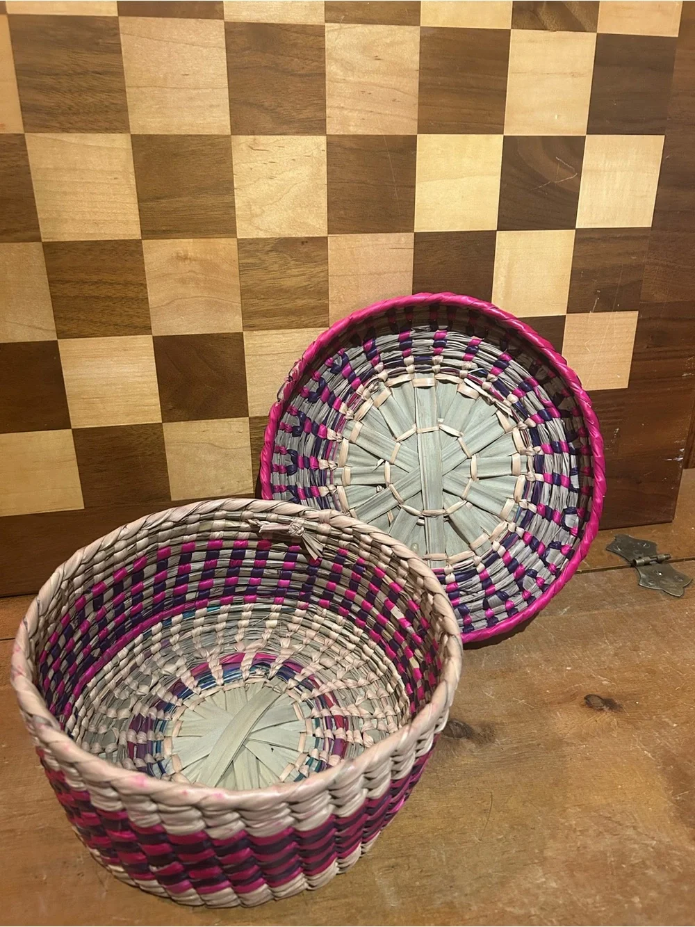 Handwoven Pink and Natural Round Storage Basket with Lid